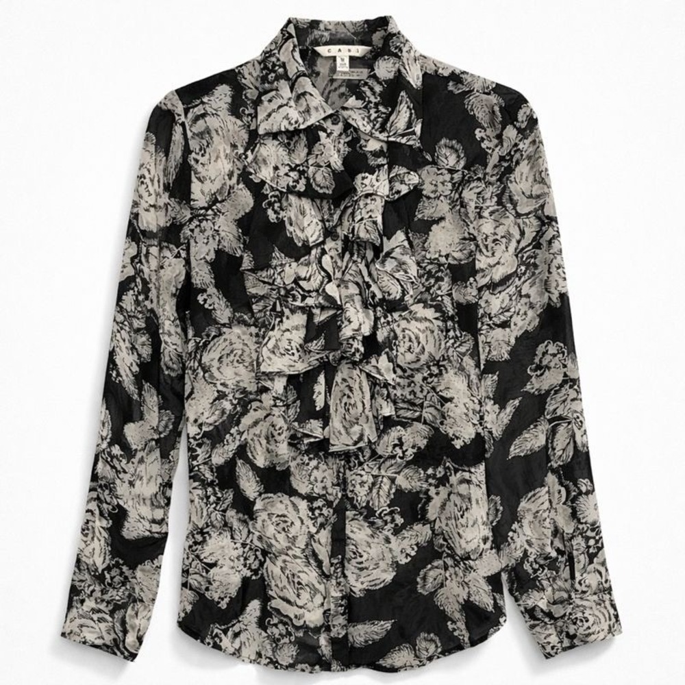 CAbi Black Cream Floral Ruffle Front Long Sleeve‎ Button Up Blouse Womens M